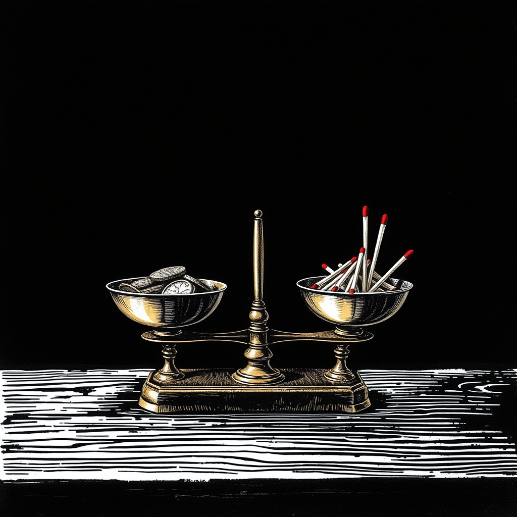 A brass balance scale weighing a heap of coins against a pile of spent, burnt matchsticks