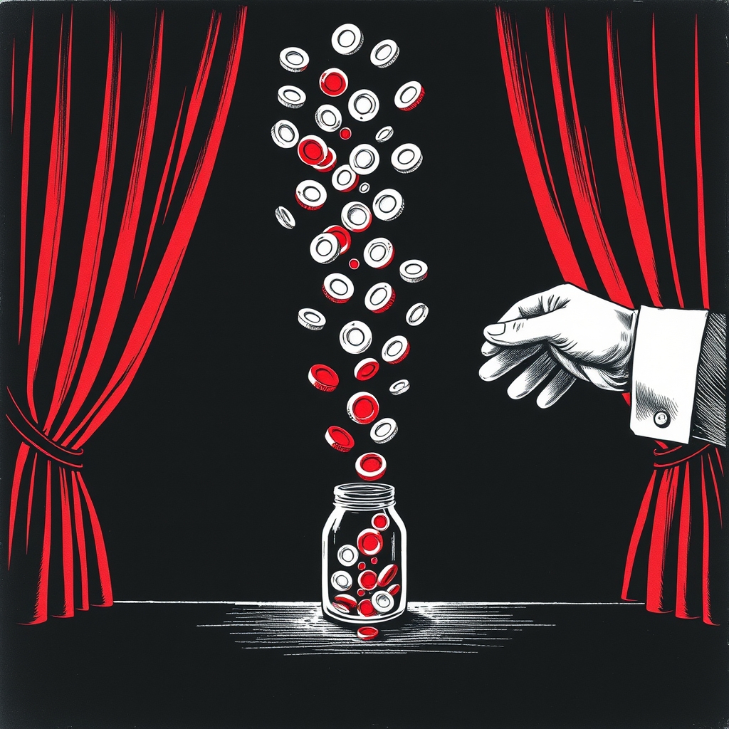 A magician's curtain: one hand tosses a shower of coins in front of the curtain while, hidden behind it, only a few real coins drop into a small jar