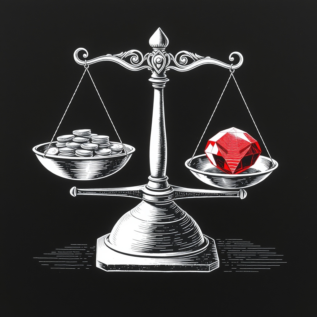 An antique balance scale tipping unevenly between a pile of coins and a single large gem