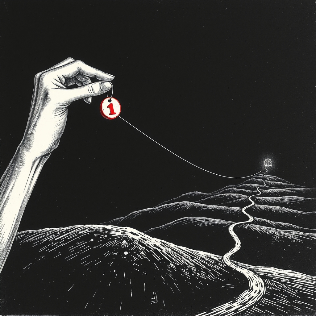 A hand releasing a small marked token that travels along a long winding wire toward a distant lit window