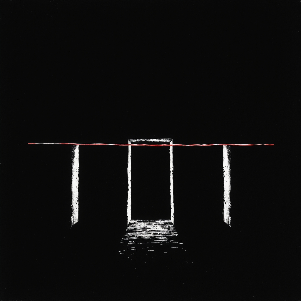 A single thread passing through three separate gates, each gate letting through a different portion of light