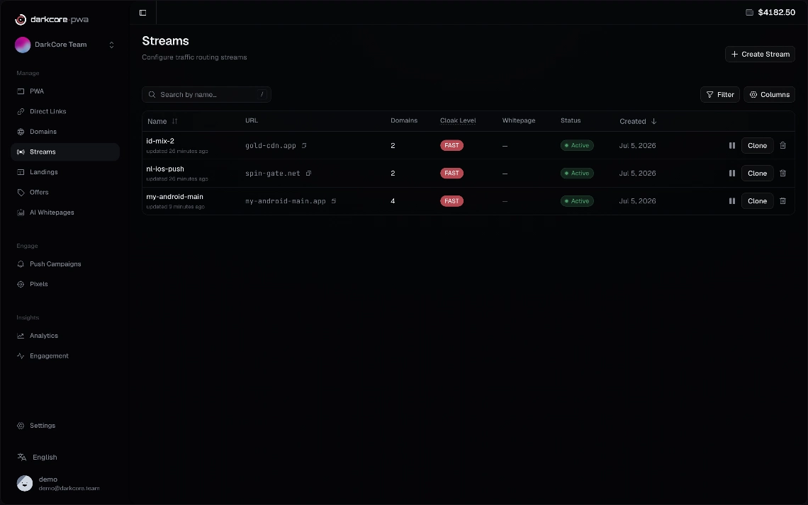 DarkCore streams list with domains, cloak and statuses
